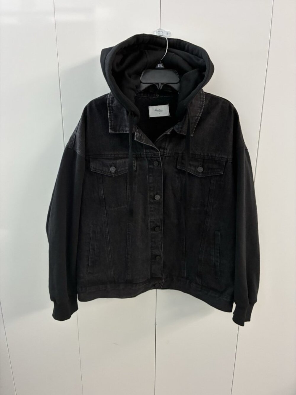 KANCAN Tori Hooded Boyfriend Denim Jacket Women XL Black Mixed Material